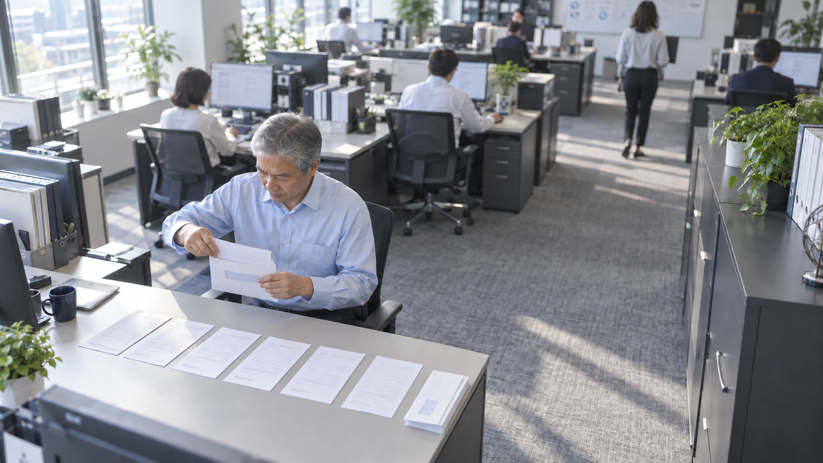 50代前半の日本人男性が請求書の封入をしている場面
