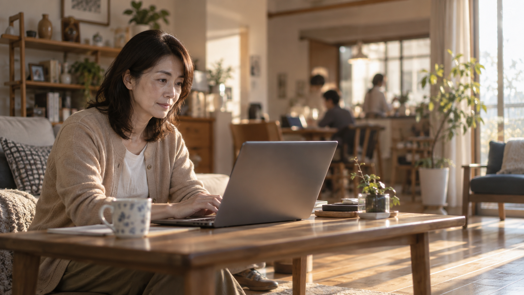 40代後半の日本人女性が自宅での注文をしている場面