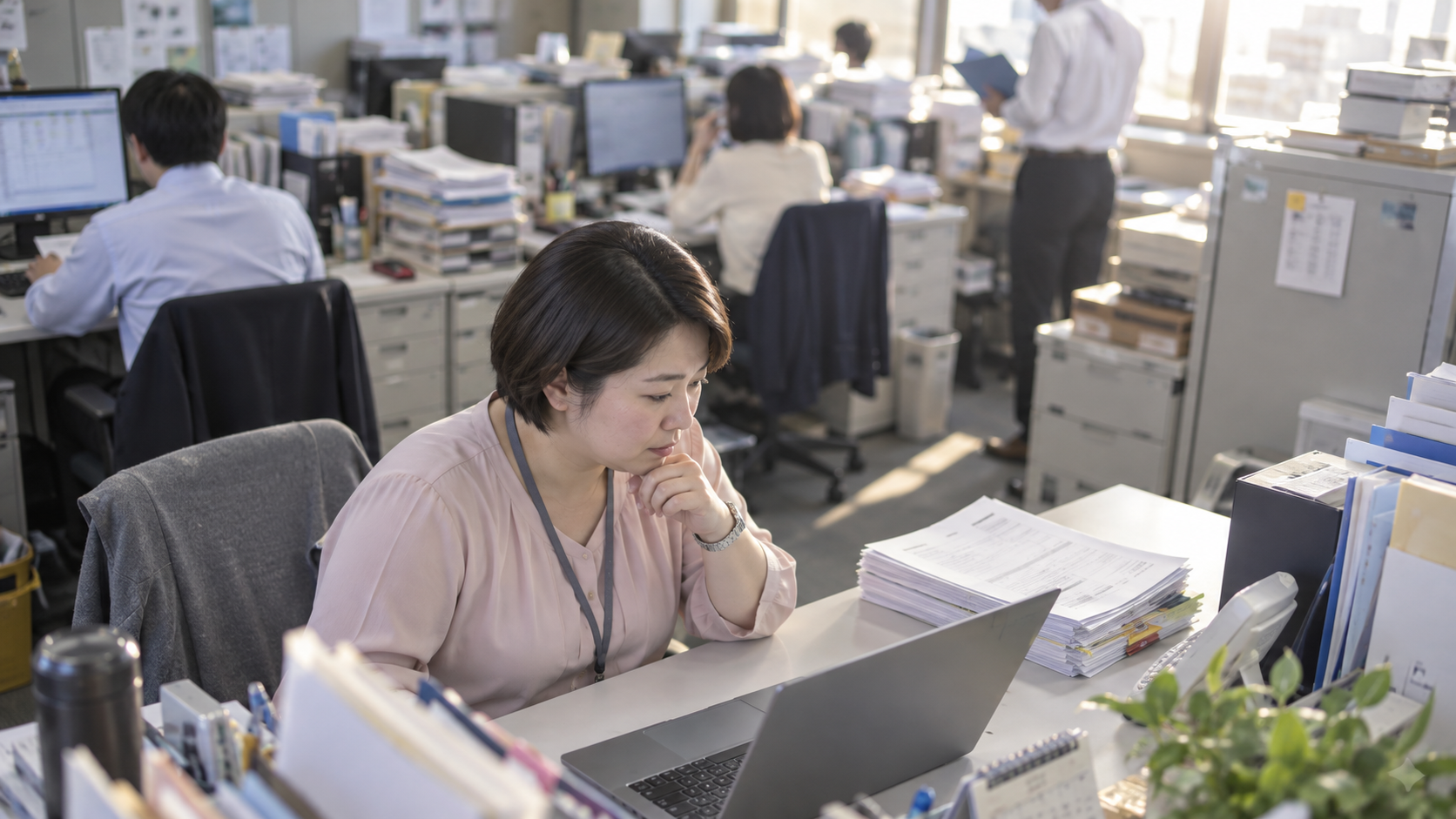 30代後半の日本人女性が自席での書類確認をしている場面