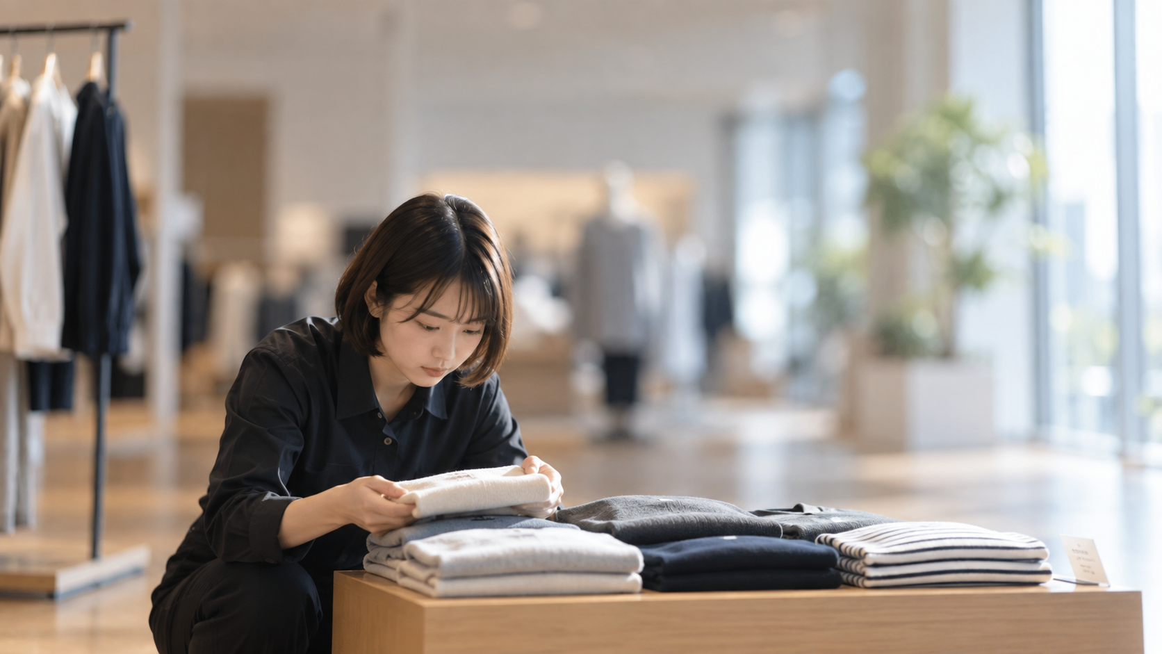 20代前半の日本人女性が畳み直しと陳列整理をしている場面