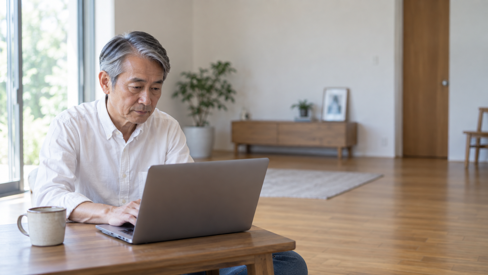 60代前半の日本人男性が自宅での注文をしている場面