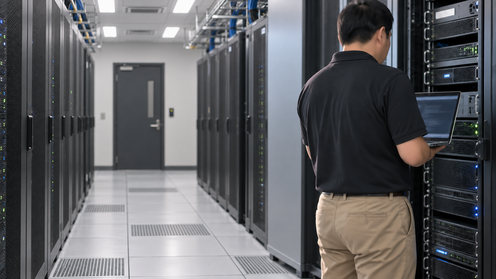40代前半の日本人男性がサーバー機器の確認をしている場面