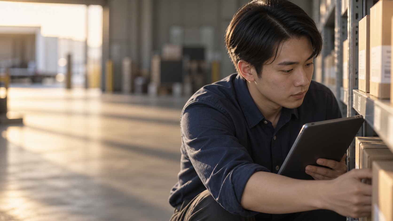 20代前半の日本人男性が倉庫の棚での在庫確認をしている場面