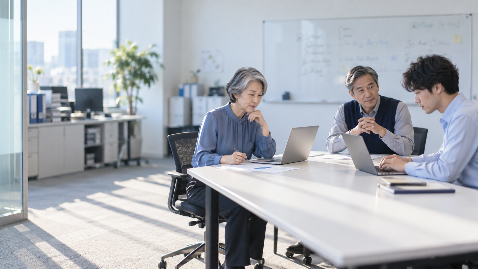 50代後半の日本人女性が会議室の全景をしている場面