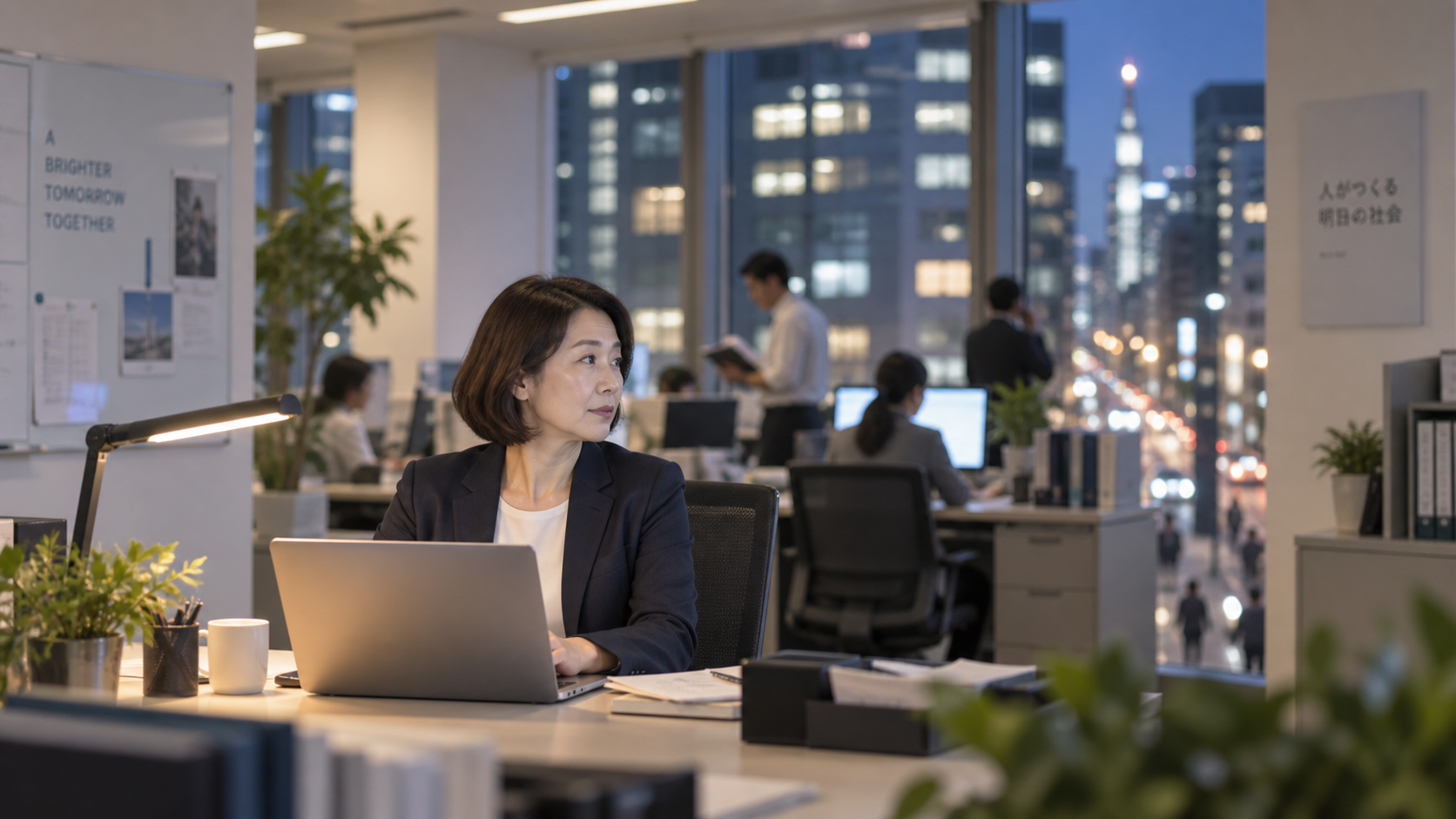 50代前半の日本人女性が夜のオフィスでの作業をしている場面