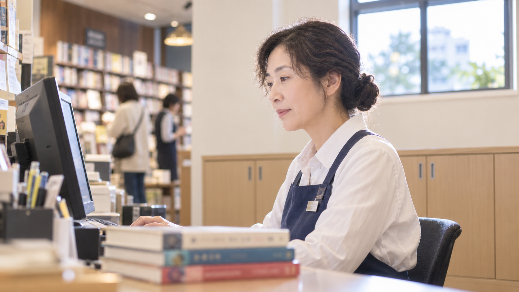 50代前半の日本人女性が書店での発注をしている場面