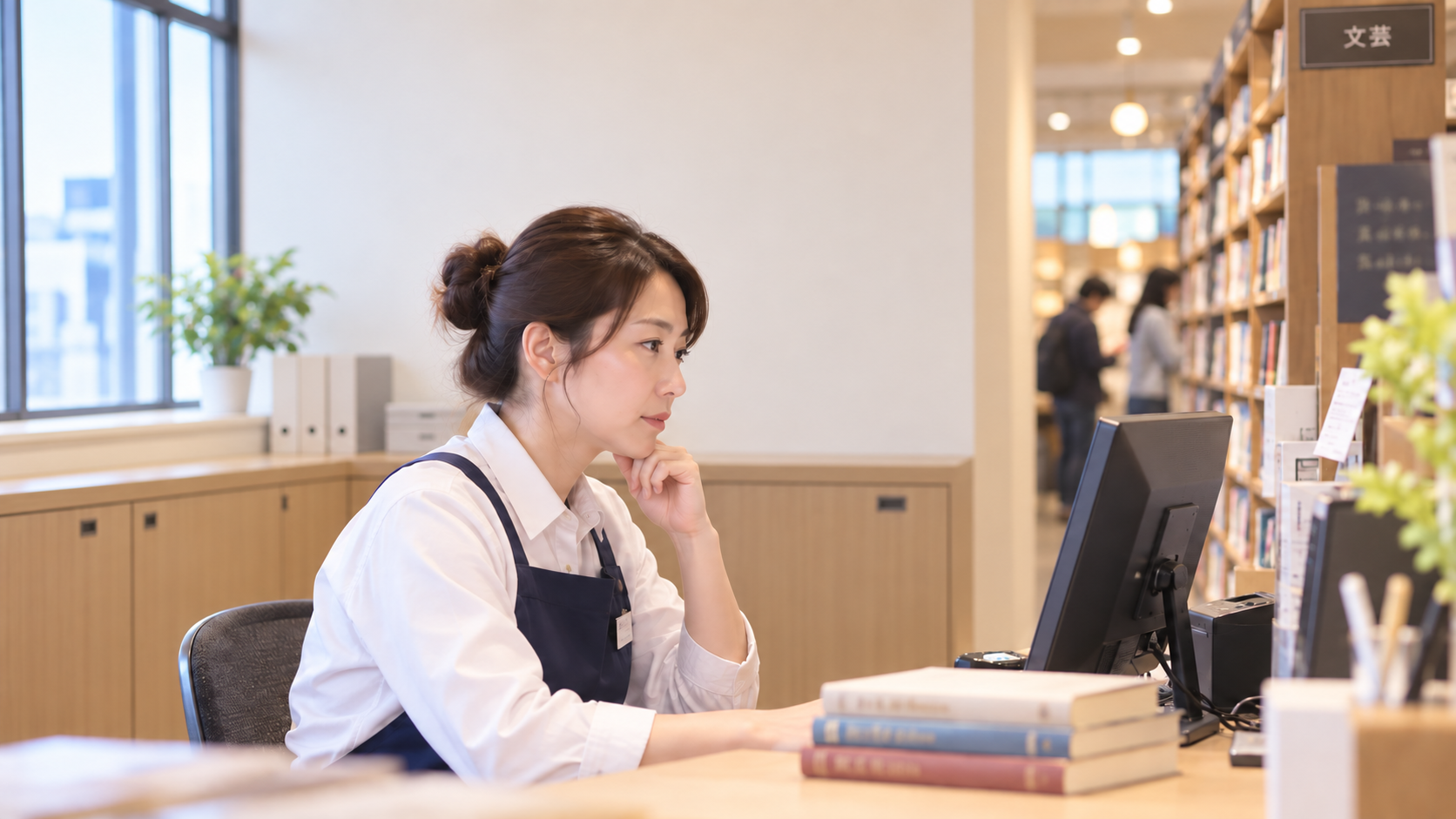 40代前半の日本人女性が書店での発注をしている場面