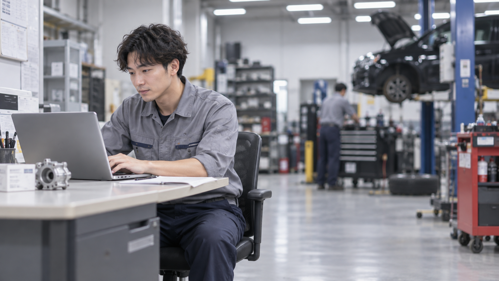 20代後半の日本人男性が整備工場の事務での部品発注をしている場面