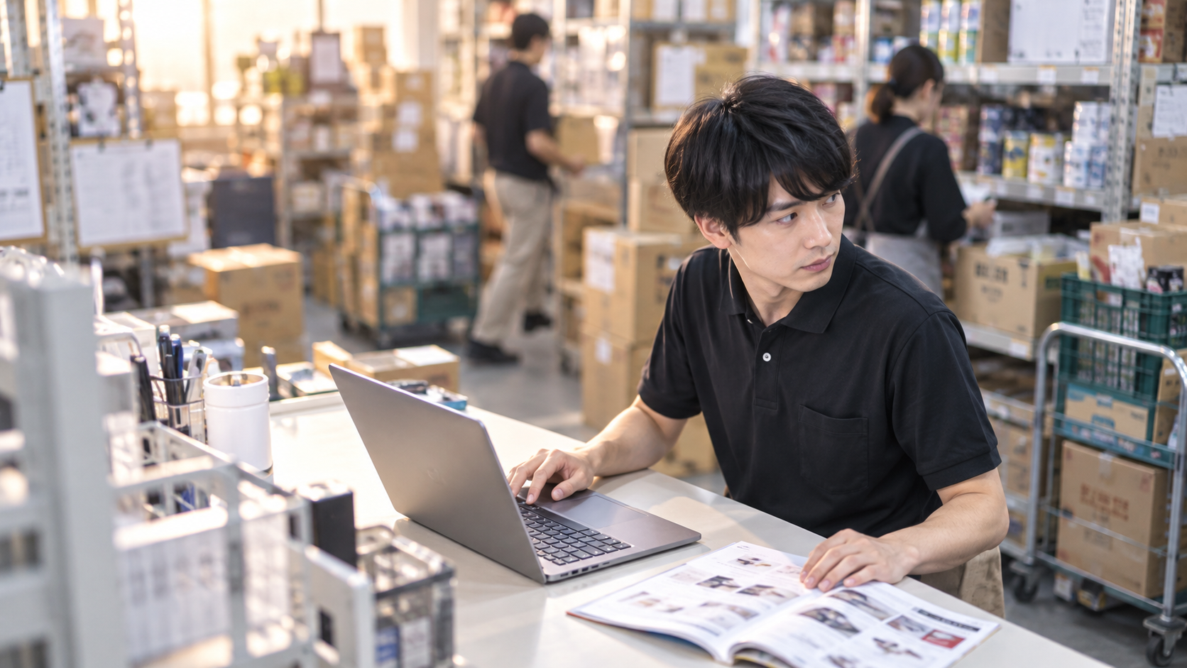 20代後半の日本人男性が小売店のバックヤードでの発注をしている場面