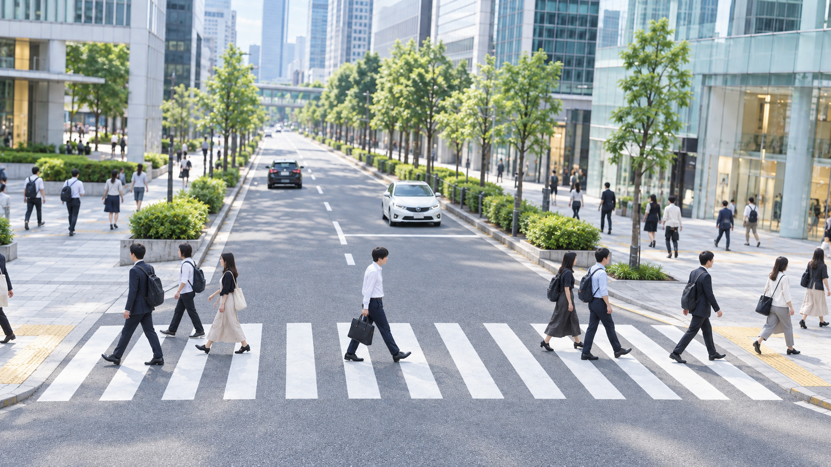 20代後半の日本人男性が大規模な交差点の横断をしている場面