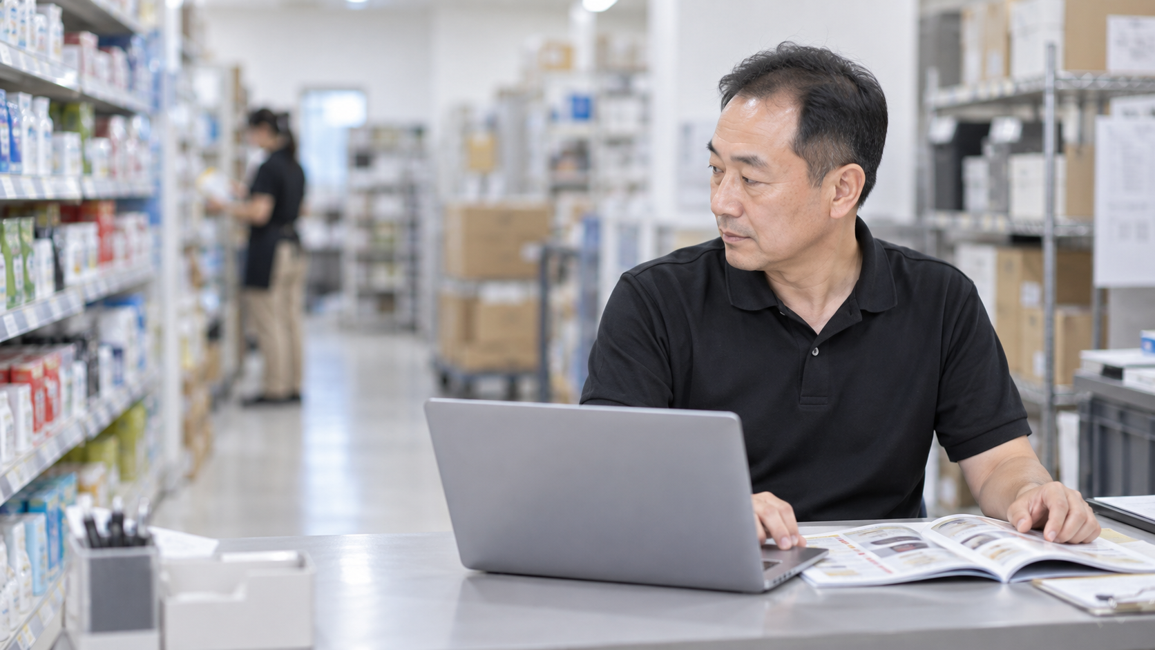 50代前半の日本人男性が小売店のバックヤードでの発注をしている場面
