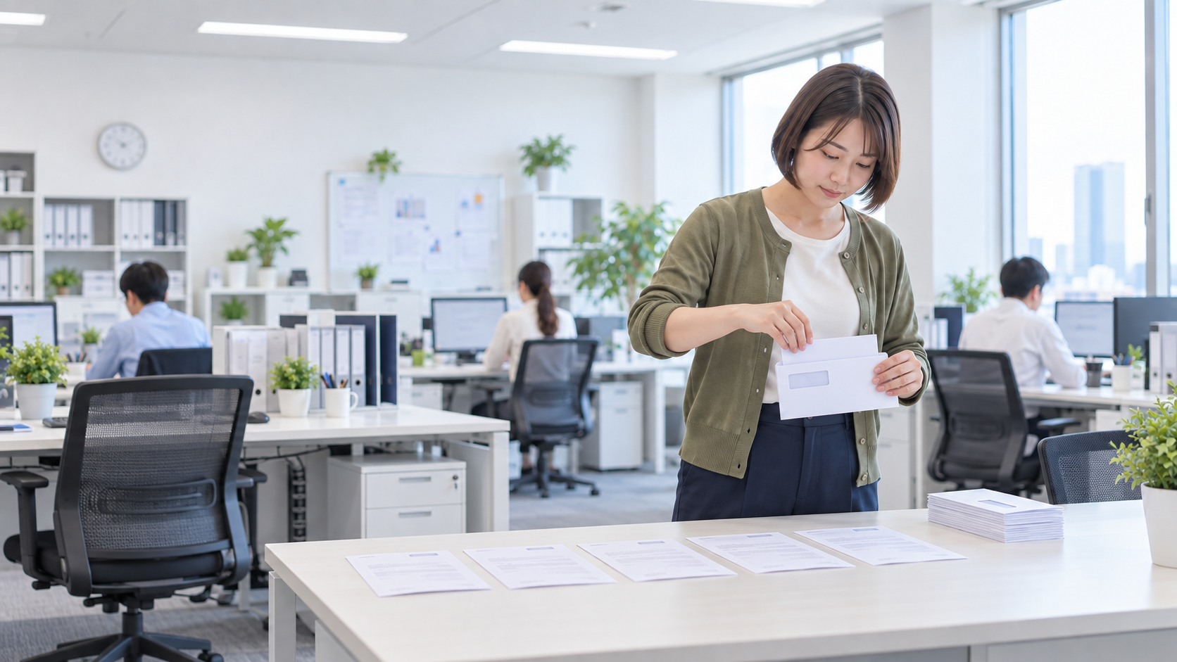 20代後半の日本人女性が請求書の封入をしている場面