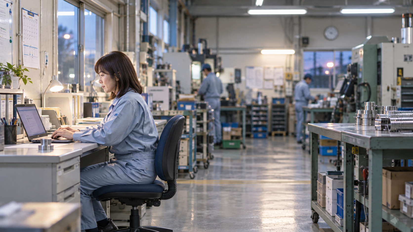 40代前半の日本人女性が町工場の事務での発注をしている場面