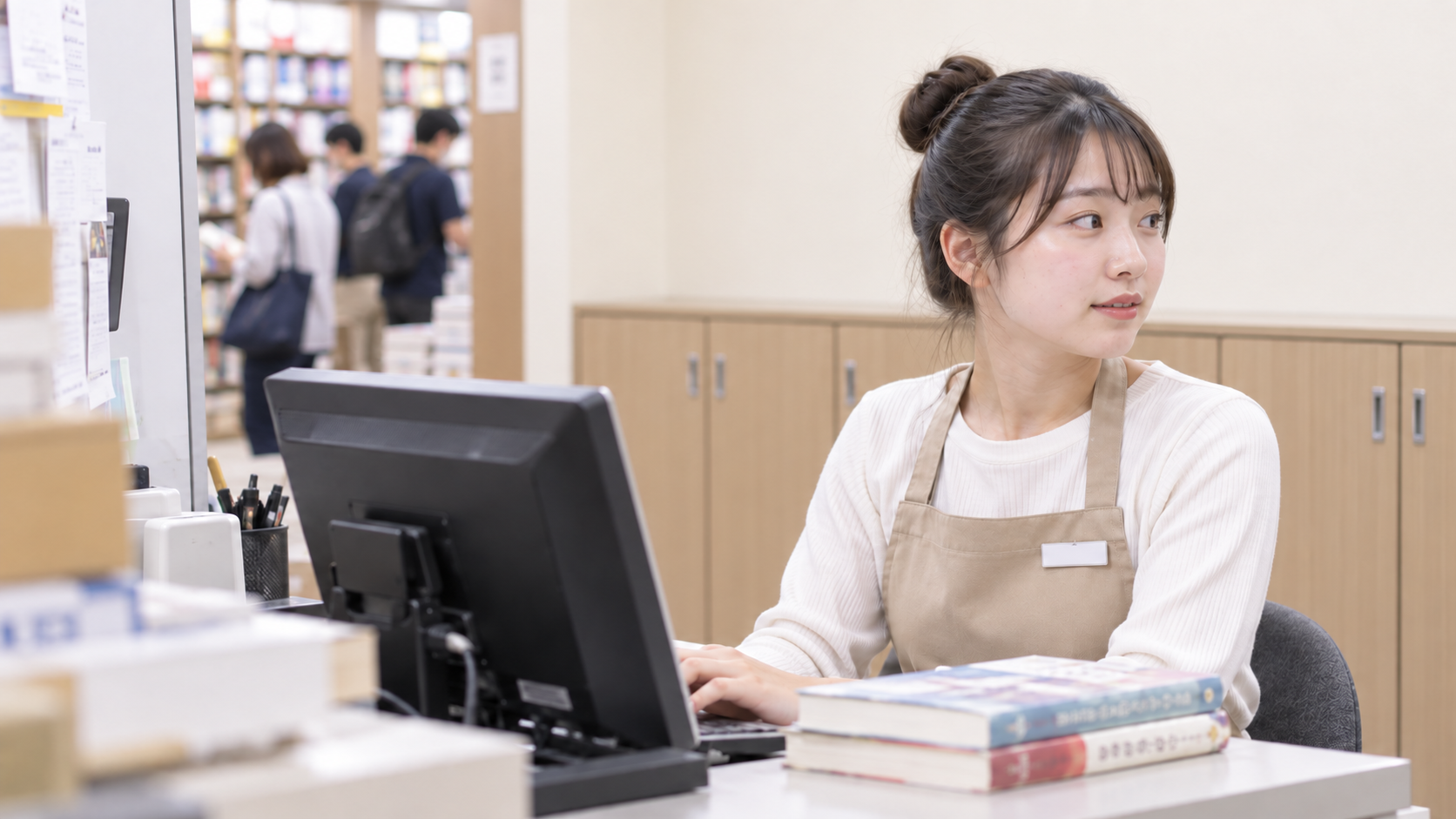 20代前半の日本人女性が書店での発注をしている場面