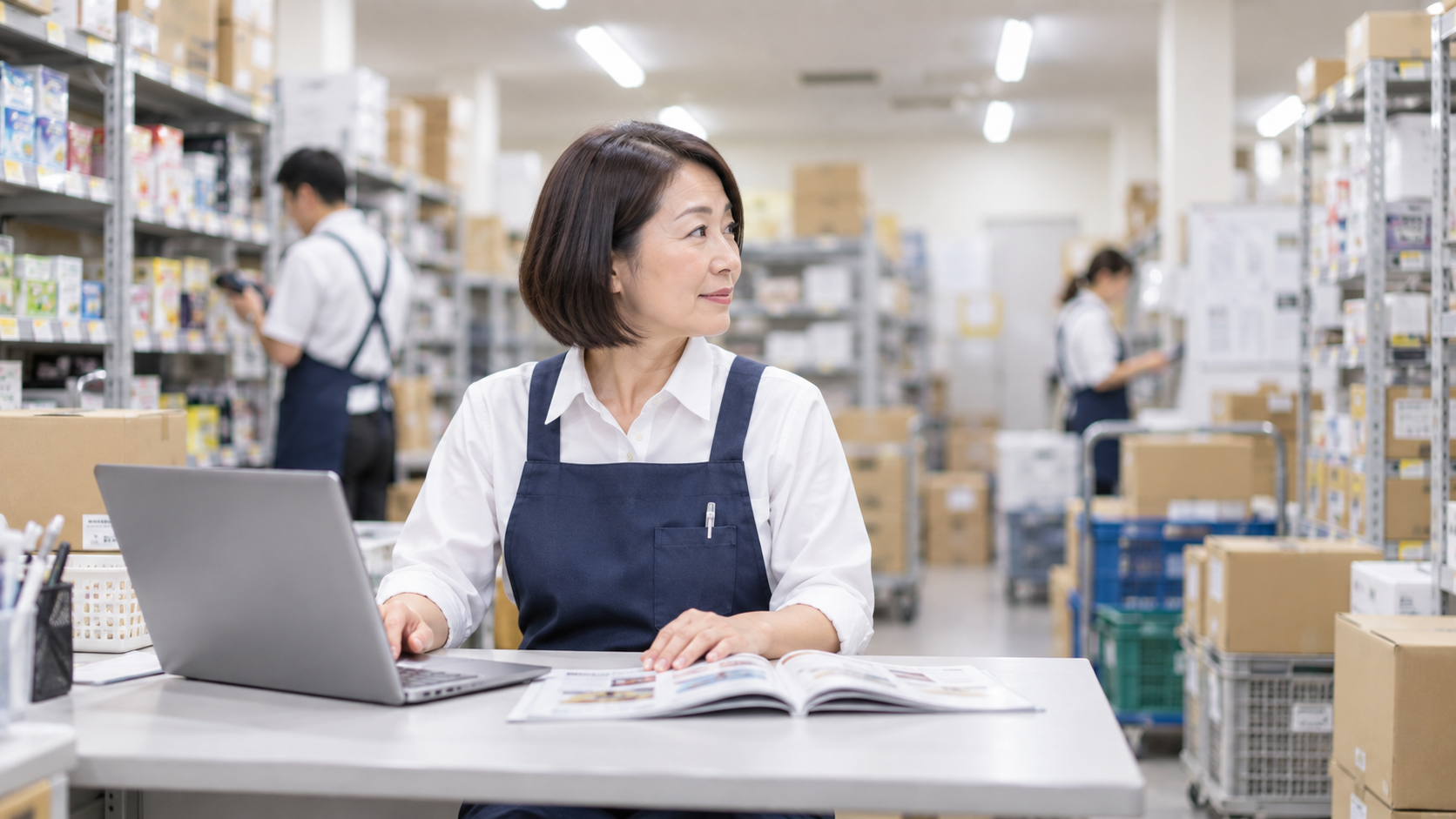 50代前半の日本人女性が小売店のバックヤードでの発注をしている場面
