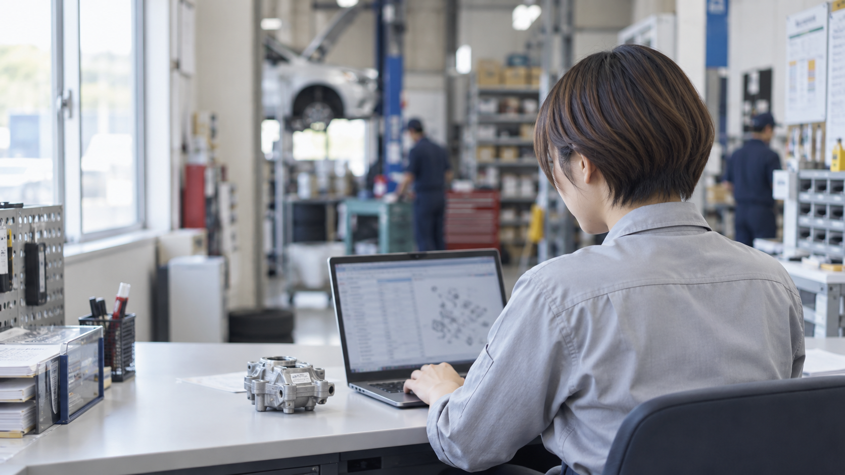 20代後半の日本人女性が整備工場の事務での部品発注をしている場面