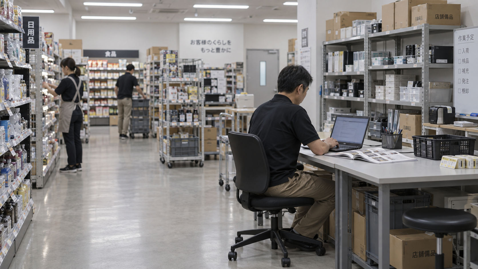 40代前半の日本人男性が小売店のバックヤードでの発注をしている場面