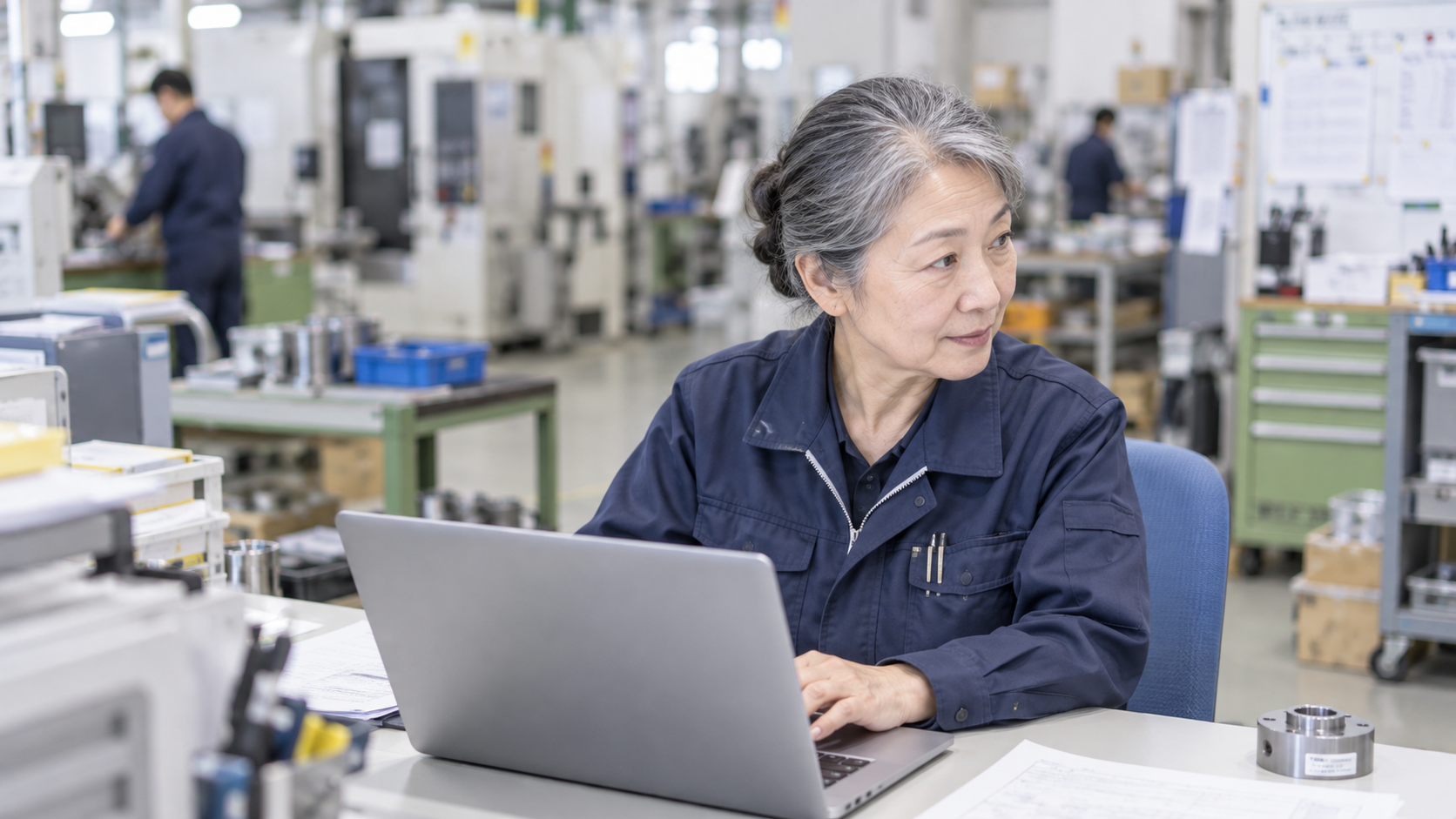 60代前半の日本人女性が町工場の事務での発注をしている場面