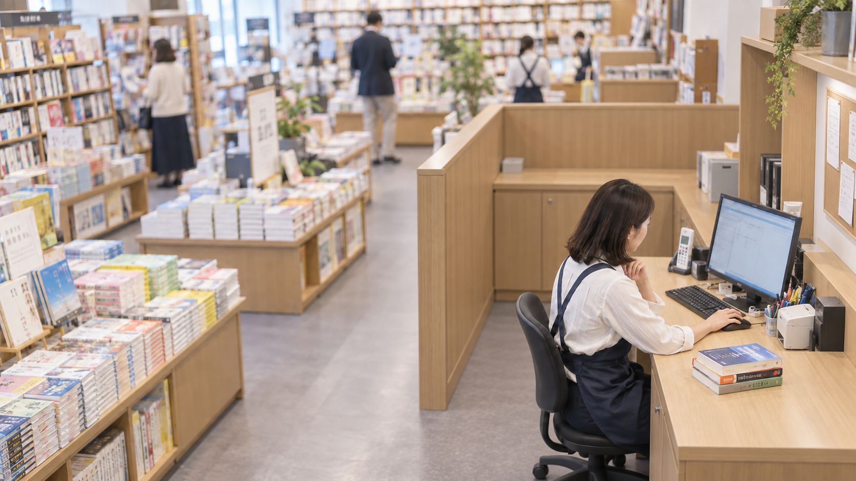 30代後半の日本人女性が書店での発注をしている場面