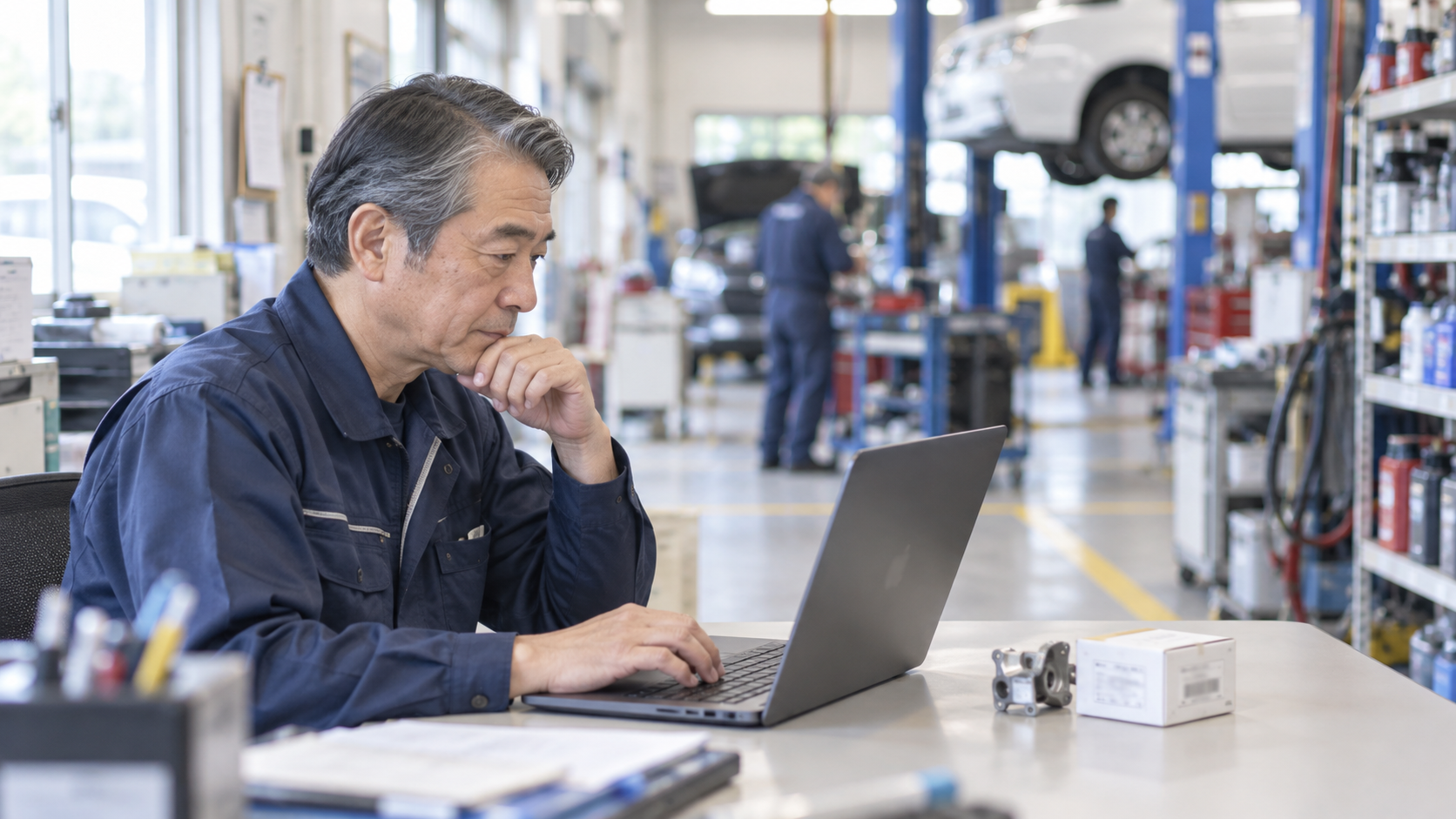 50代前半の日本人男性が整備工場の事務での部品発注をしている場面