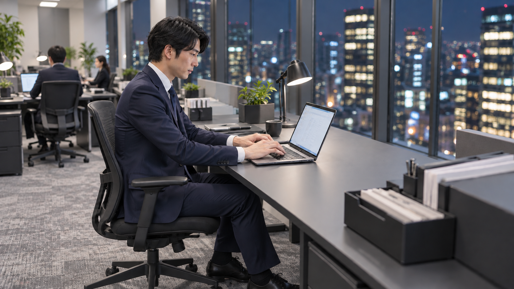 20代後半の日本人男性が夜のオフィスでの作業をしている場面