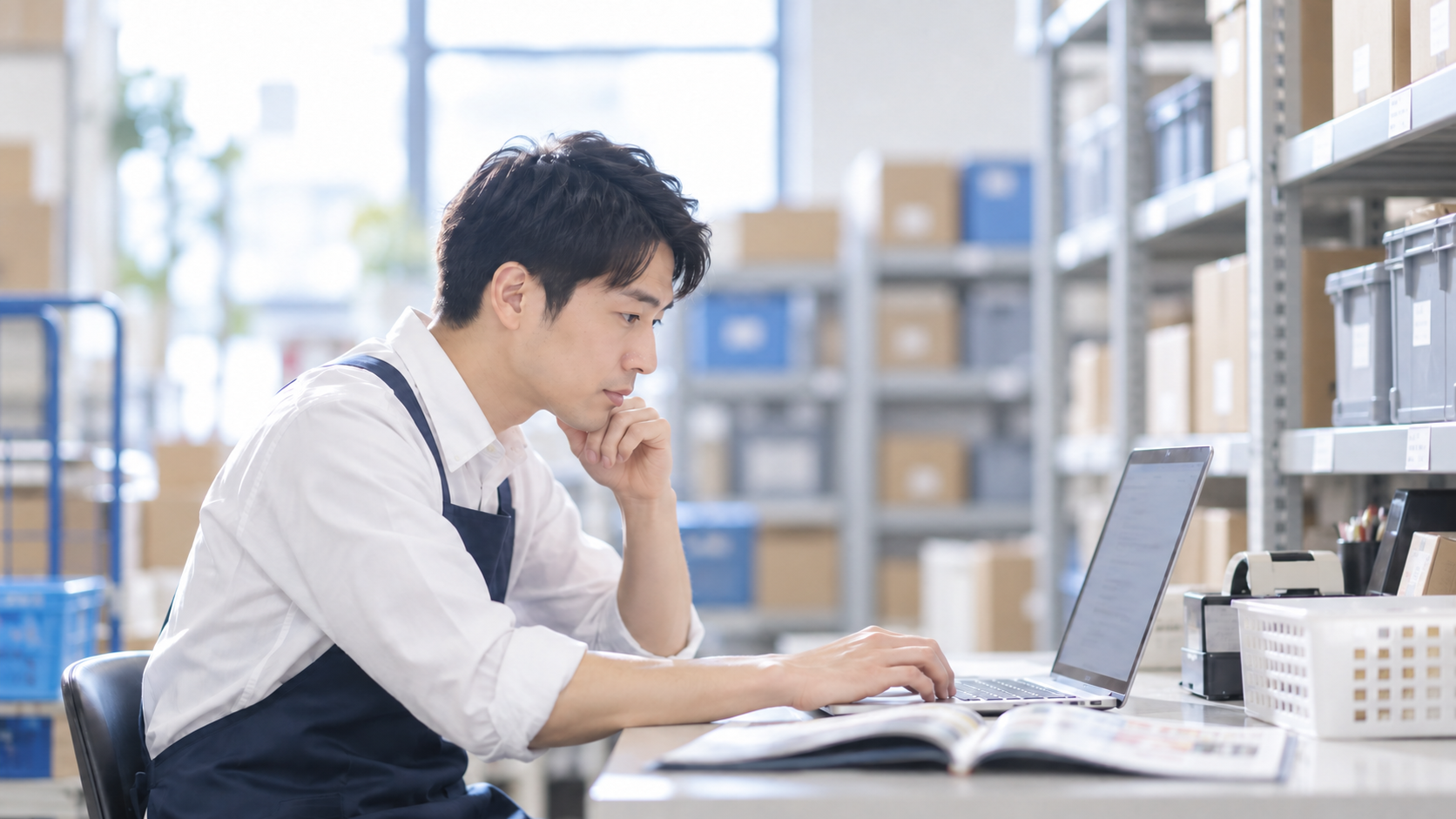 30代前半の日本人男性が小売店のバックヤードでの発注をしている場面