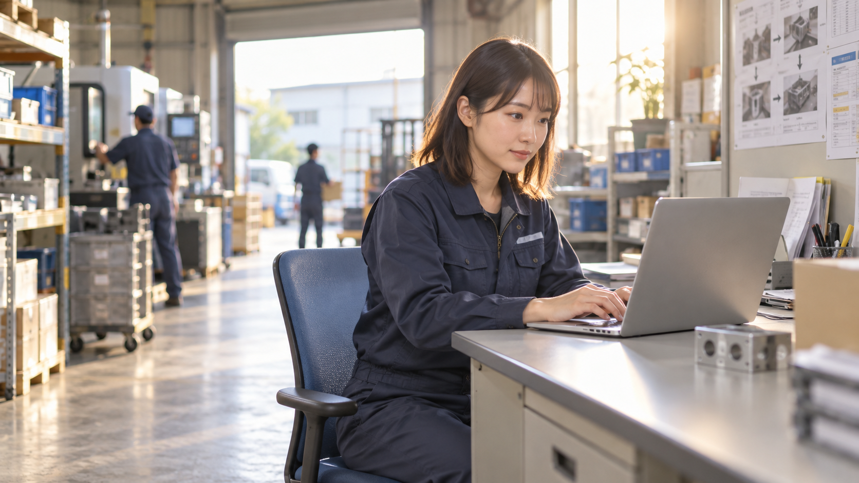 20代後半の日本人女性が町工場の事務での発注をしている場面