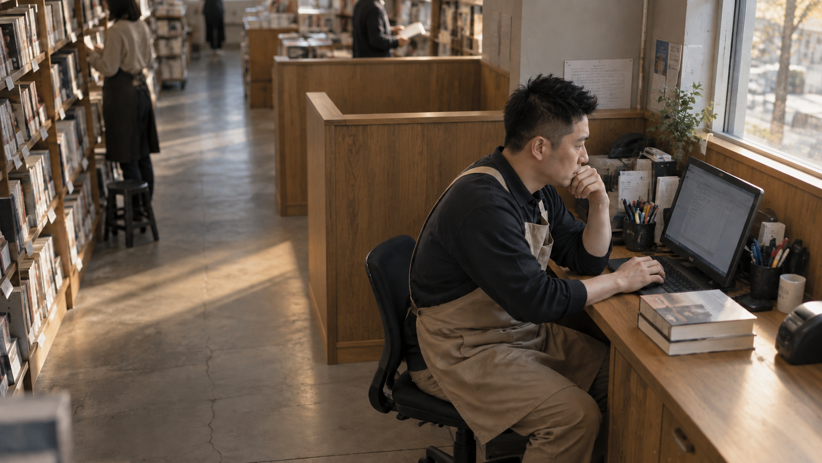20代後半の日本人男性が書店での発注をしている場面