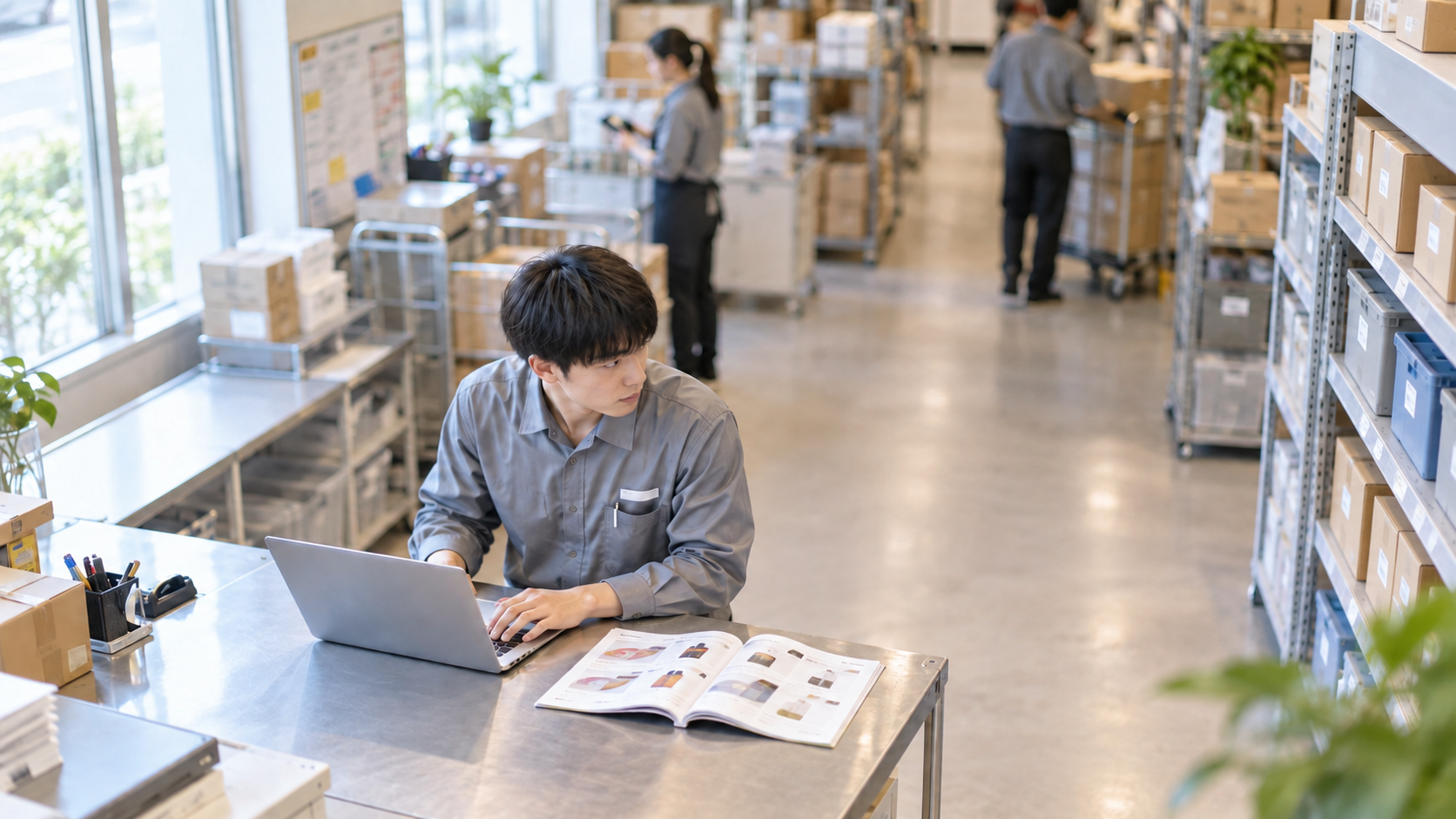 20代前半の日本人男性が小売店のバックヤードでの発注をしている場面