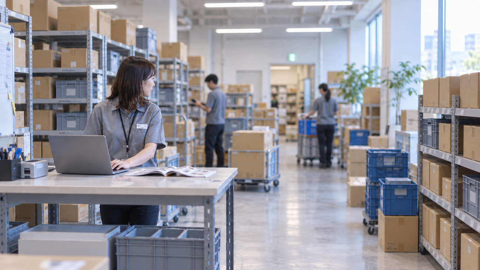 30代前半の日本人女性が小売店のバックヤードでの発注をしている場面