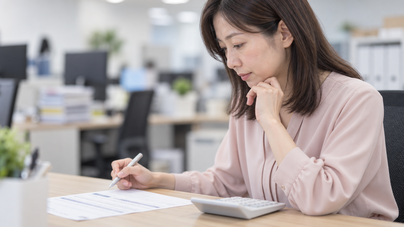 40代前半の日本人女性が見積書の照合をしている場面