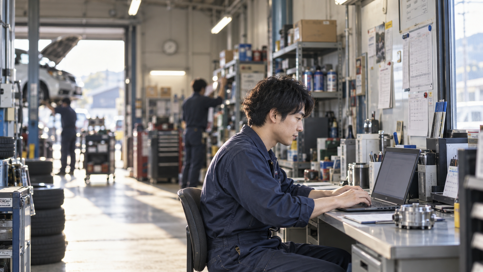 30代前半の日本人男性が整備工場の事務での部品発注をしている場面