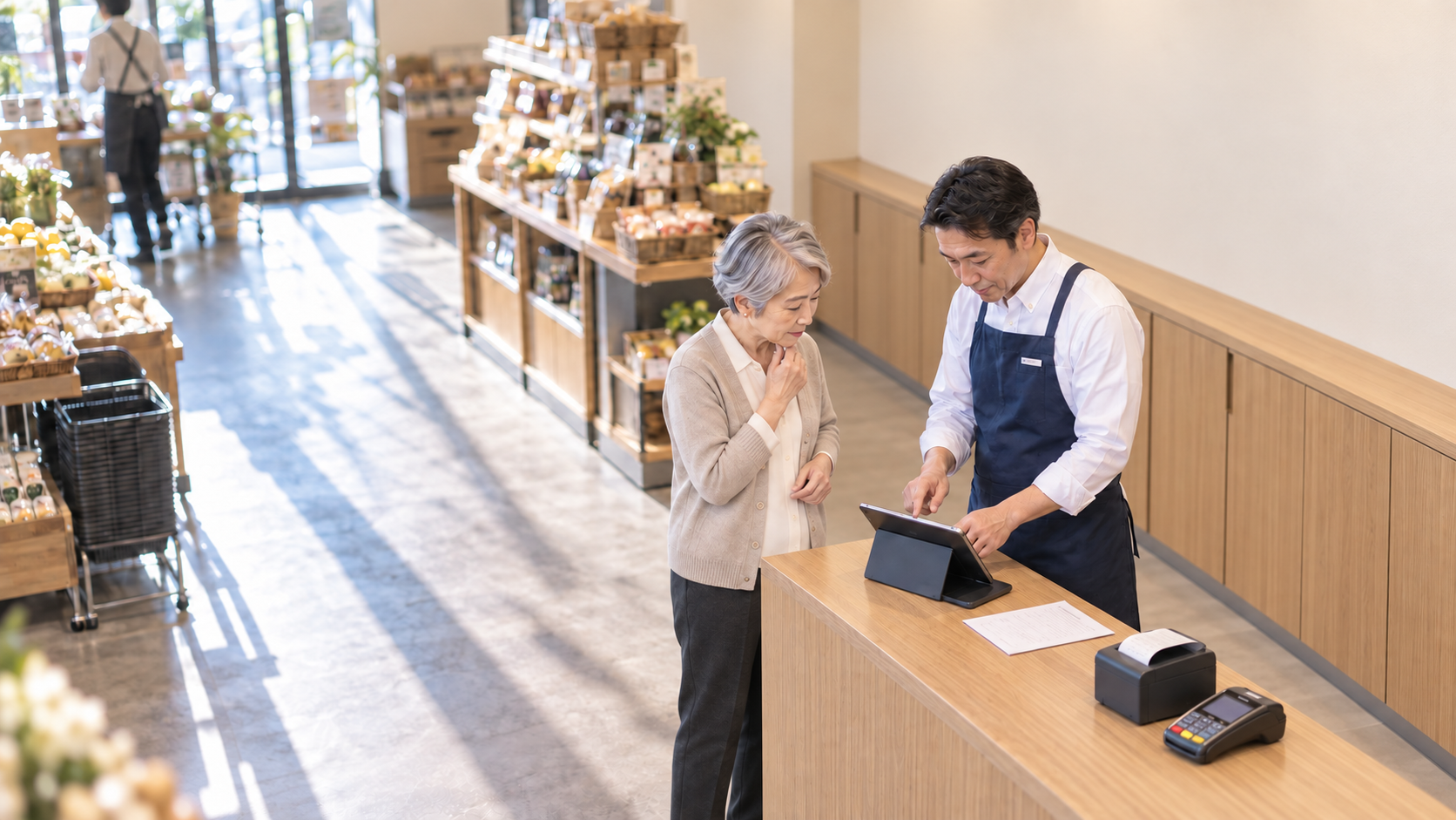 40代前半の日本人男性が店舗カウンターでの受注をしている場面