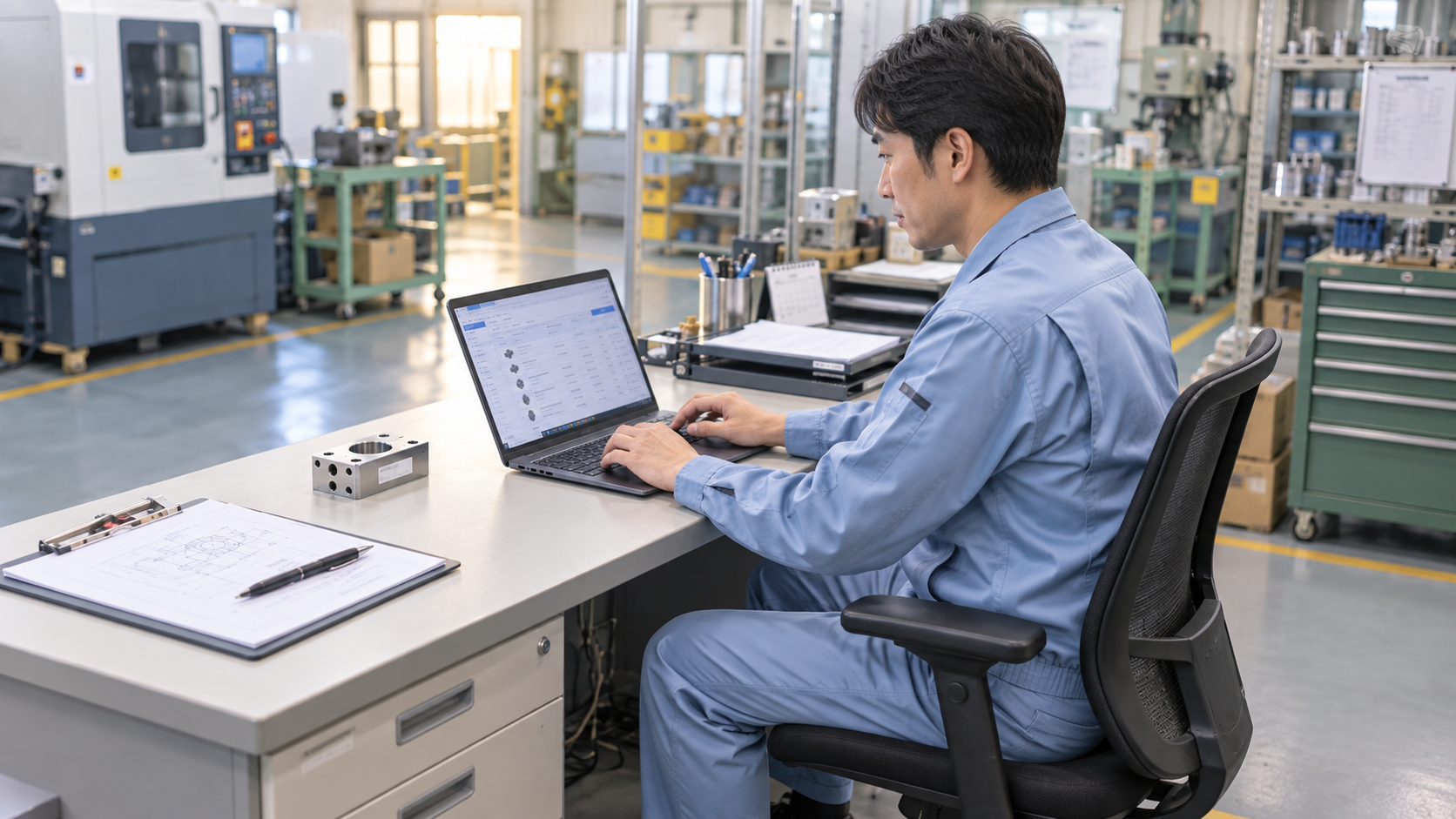 30代後半の日本人男性が町工場の事務での発注をしている場面