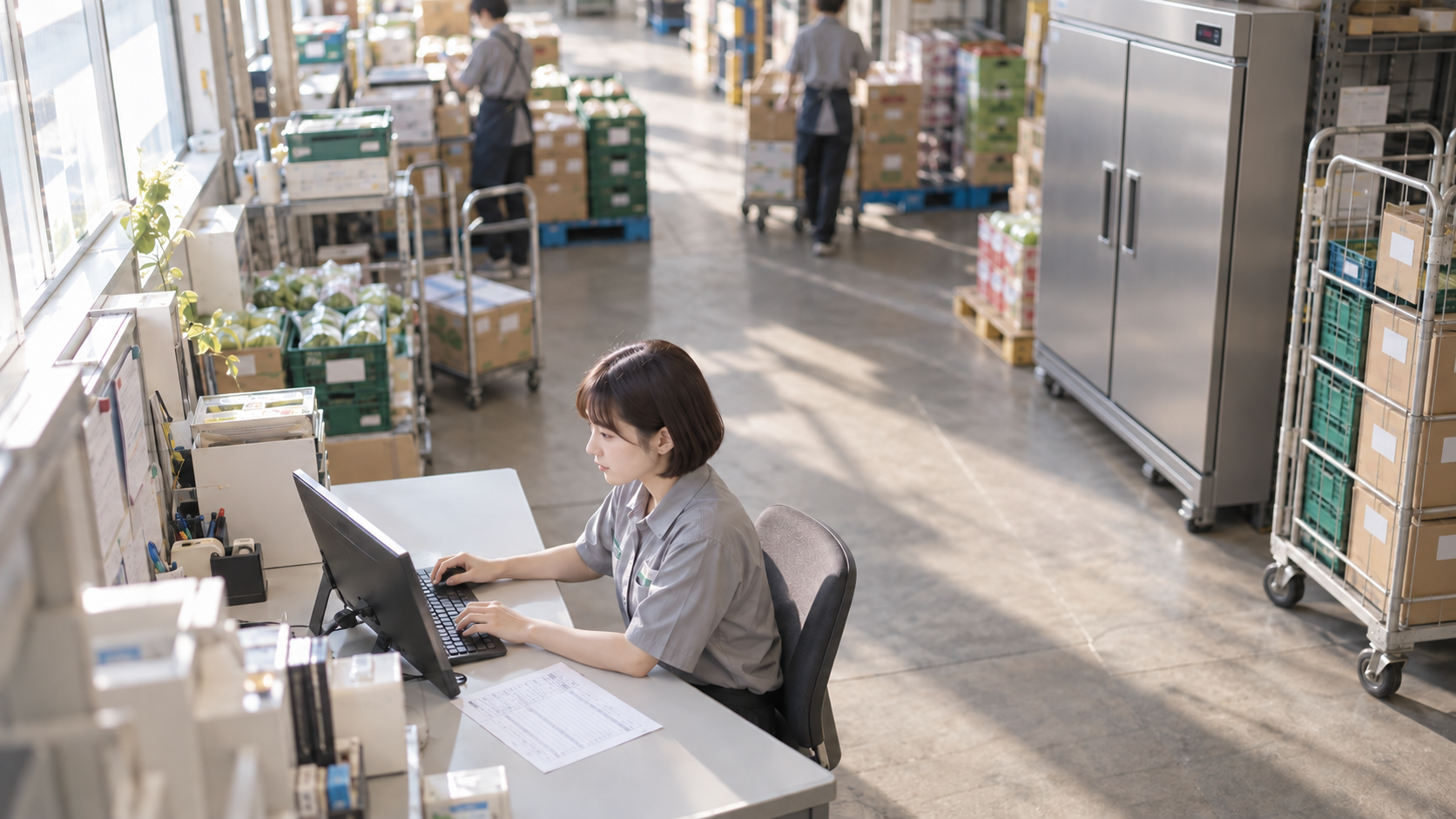 20代前半の日本人女性が食品スーパーの事務での発注をしている場面