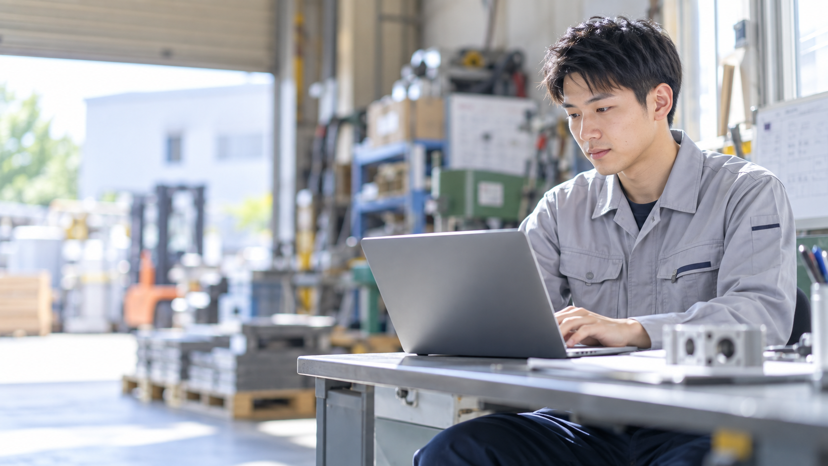 20代前半の日本人男性が町工場の事務での発注をしている場面
