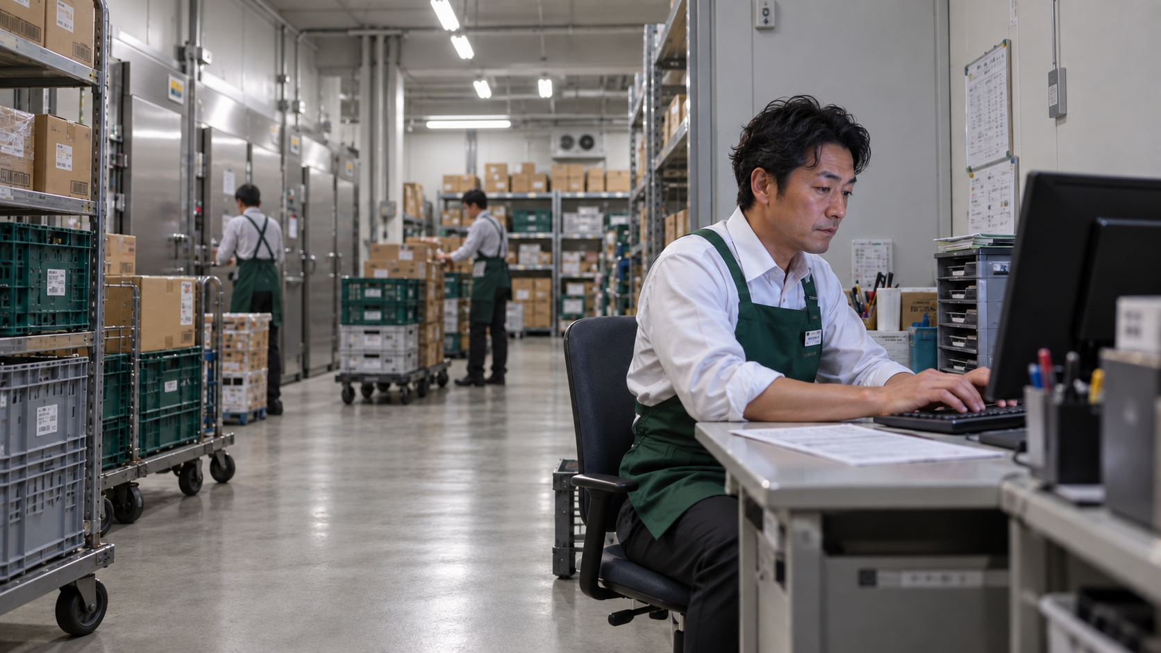 40代前半の日本人男性が食品スーパーの事務での発注をしている場面