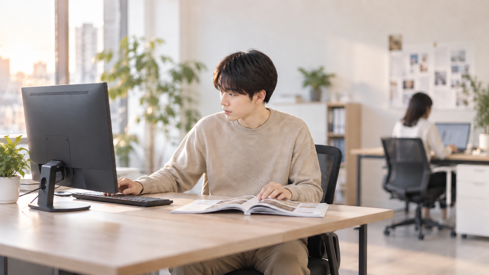 20代後半の日本人男性が発注画面の操作をしている場面