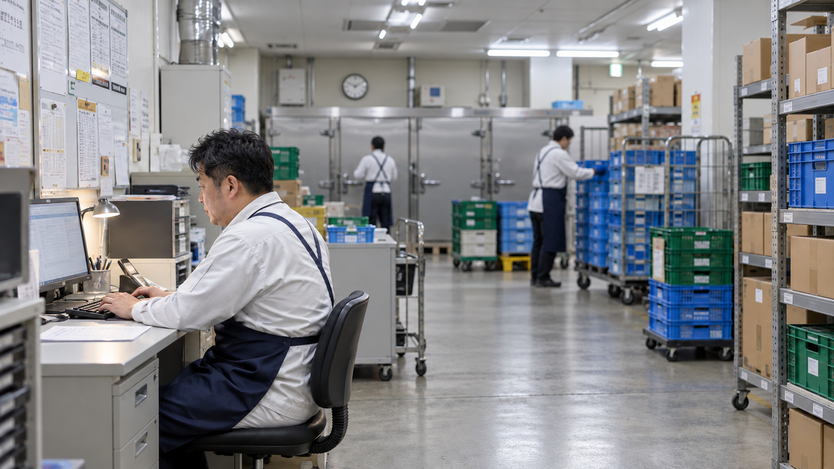 40代後半の日本人男性が食品スーパーの事務での発注をしている場面