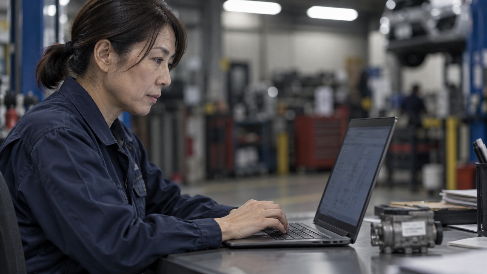 40代後半の日本人女性が整備工場の事務での部品発注をしている場面
