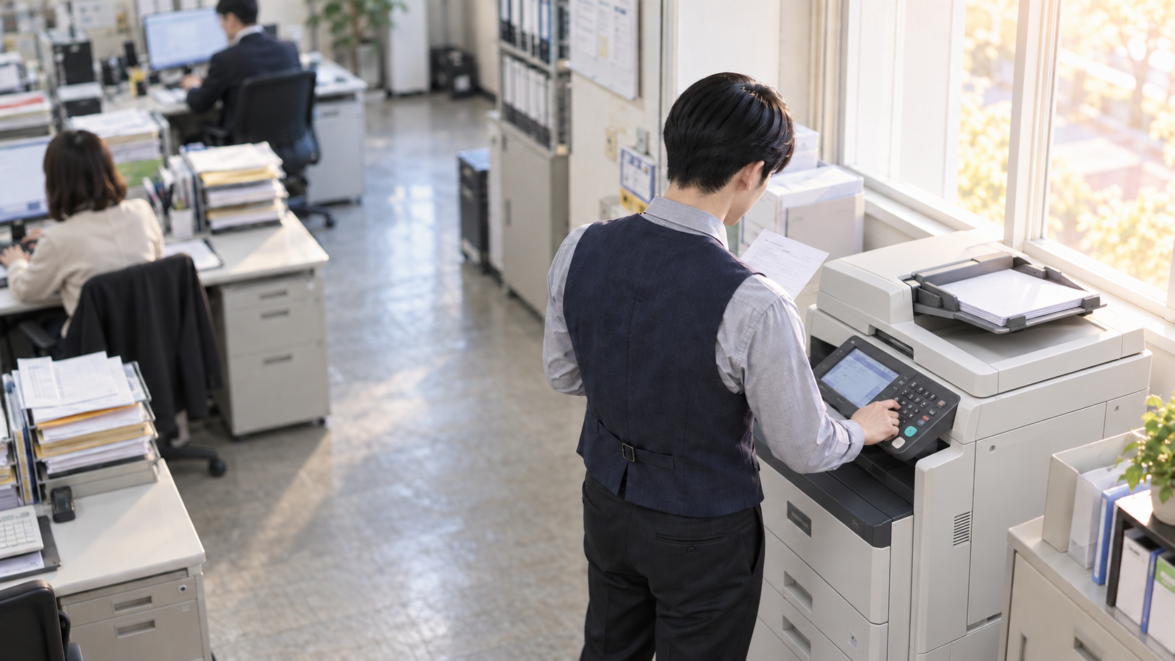 20代前半の日本人男性がFAXの送信をしている場面