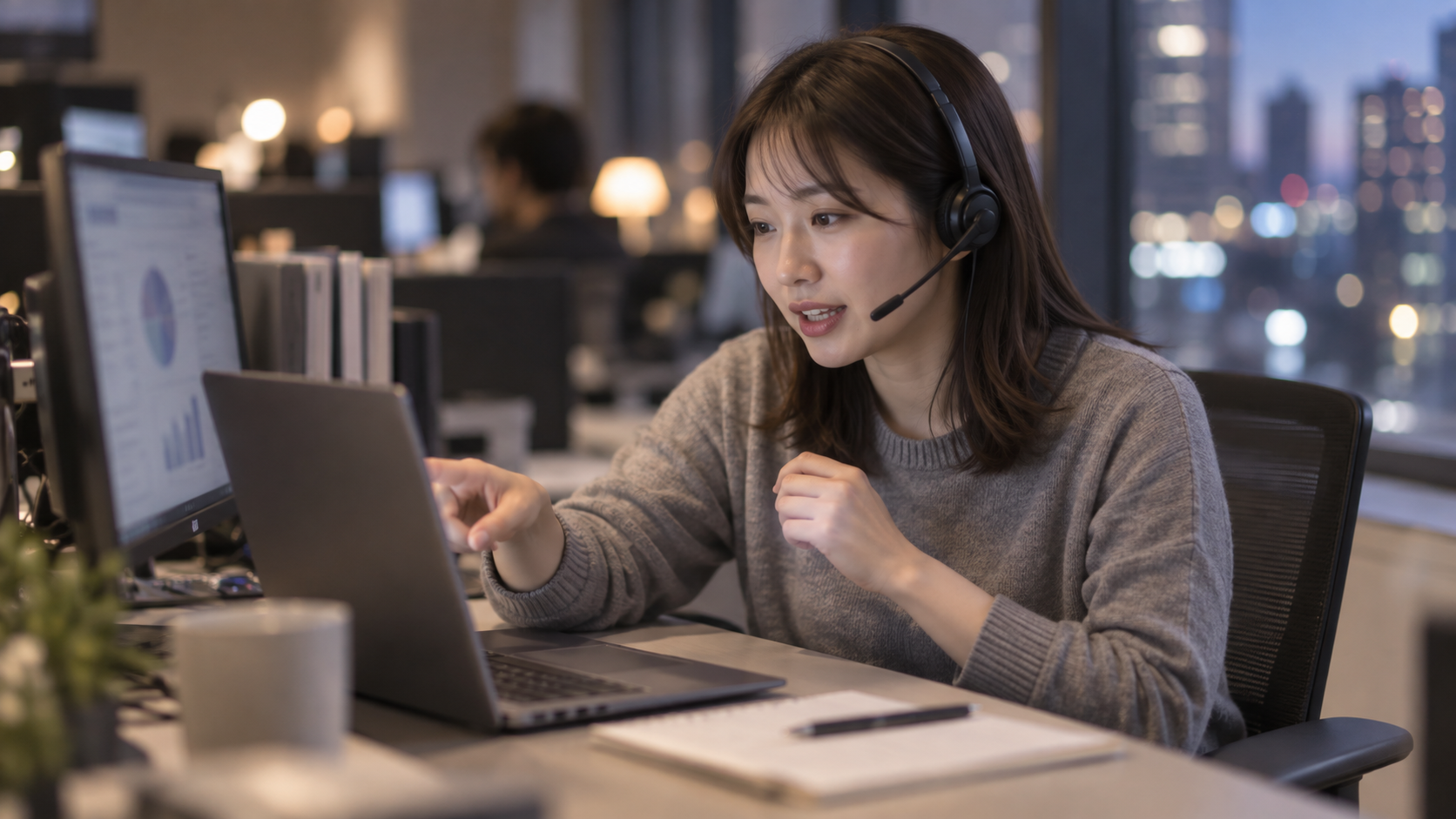 20代後半の日本人女性が開発のWeb会議をしている場面