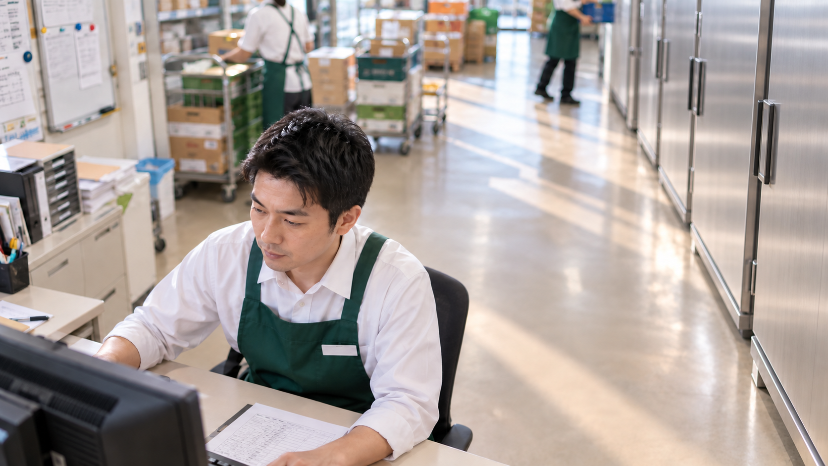 30代前半の日本人男性が食品スーパーの事務での発注をしている場面