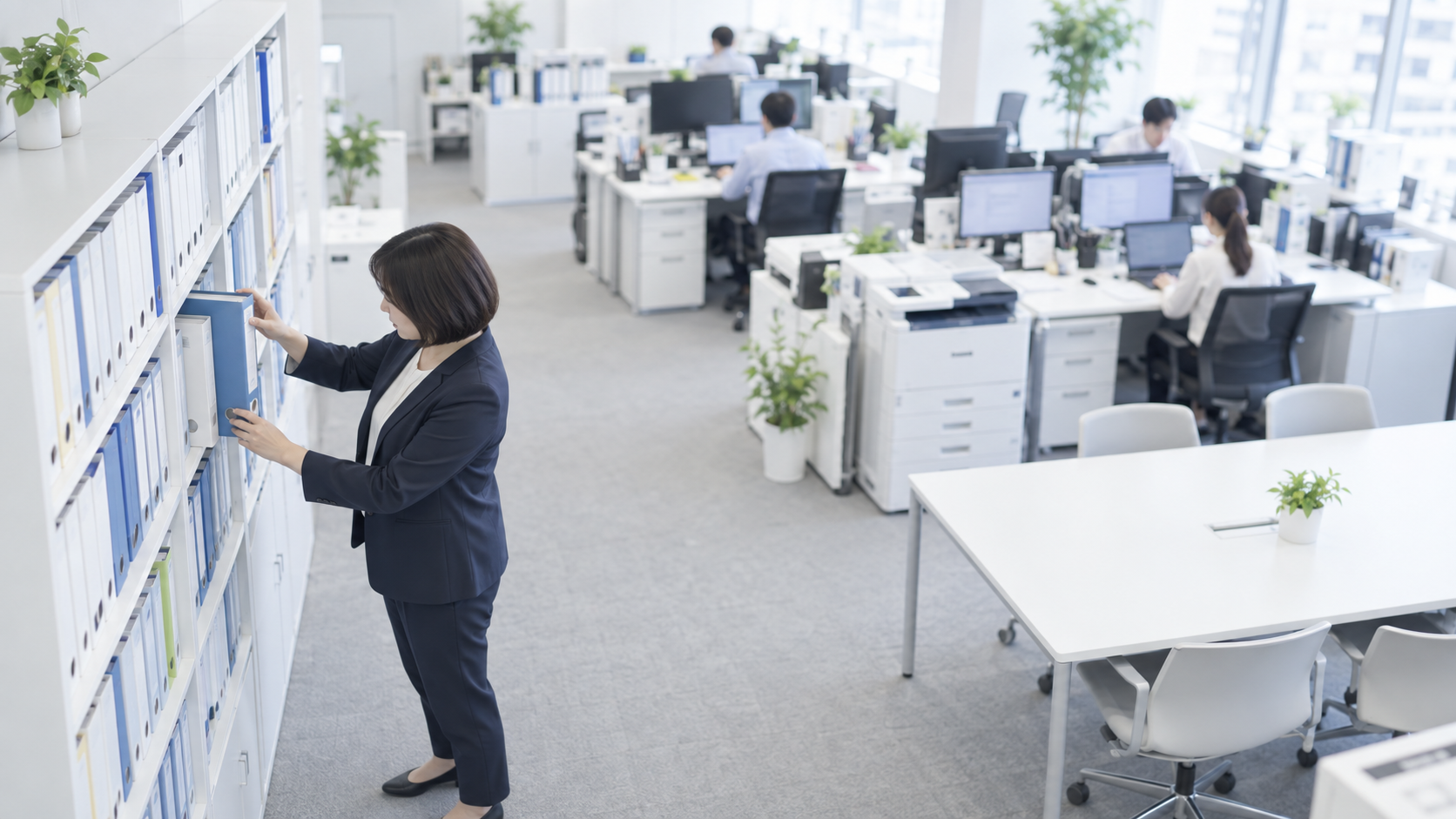 30代後半の日本人女性が書庫でのファイル探しをしている場面