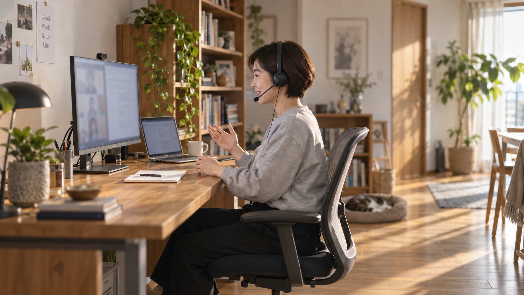 30代後半の日本人女性が在宅でのWeb会議をしている場面
