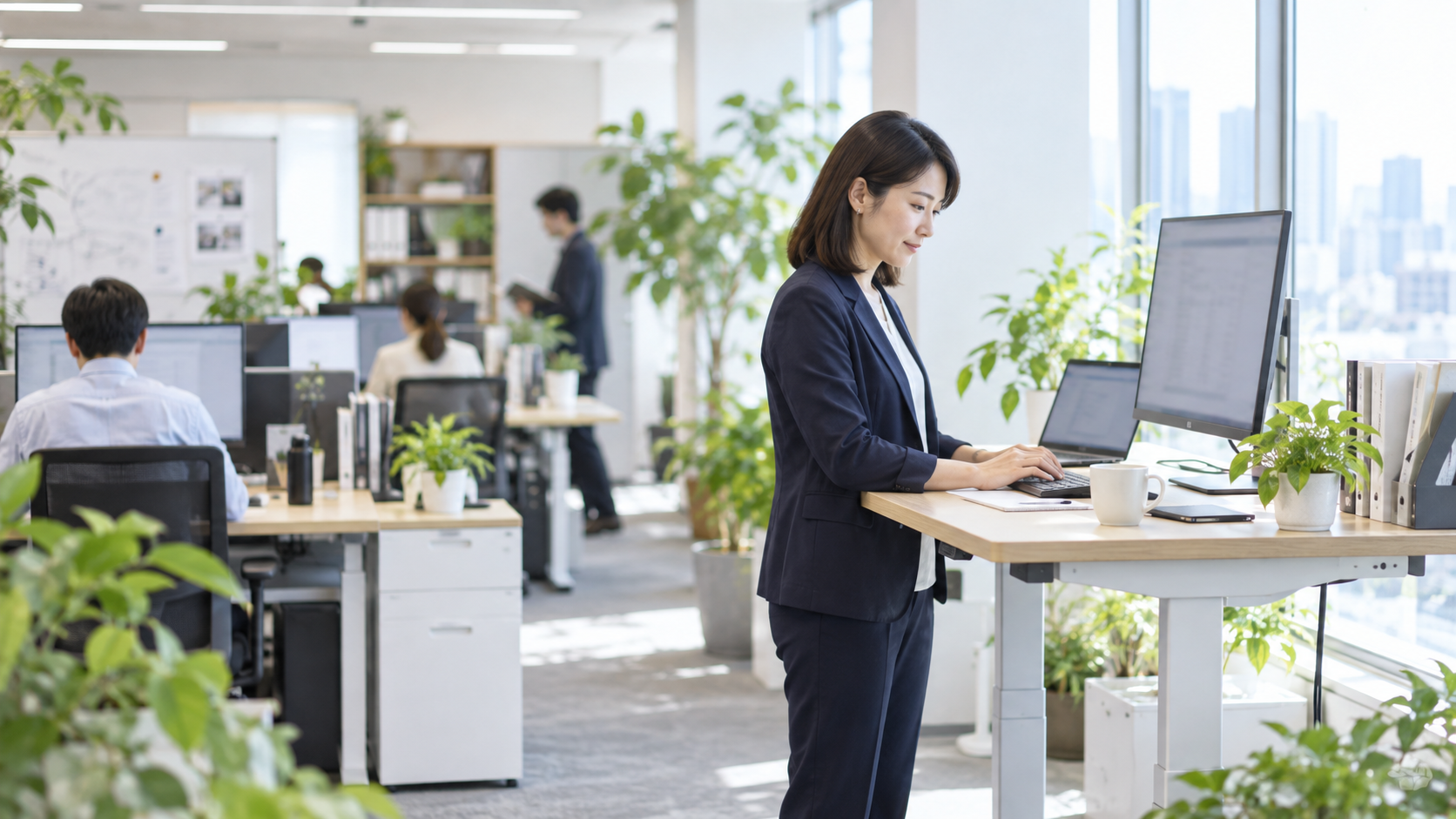 30代後半の日本人女性が昇降デスクでの立ち作業をしている場面