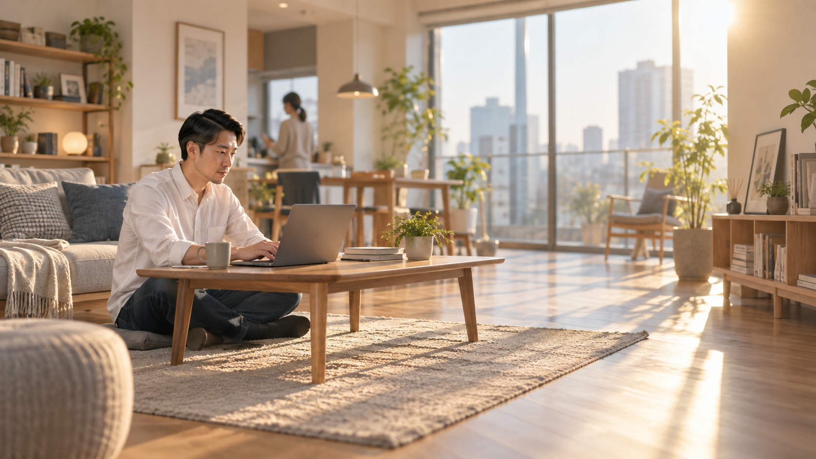 30代前半の日本人男性が自宅での注文をしている場面