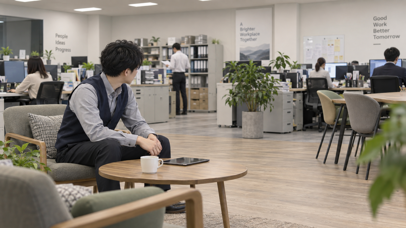 20代後半の日本人男性が休憩スペースでの確認をしている場面