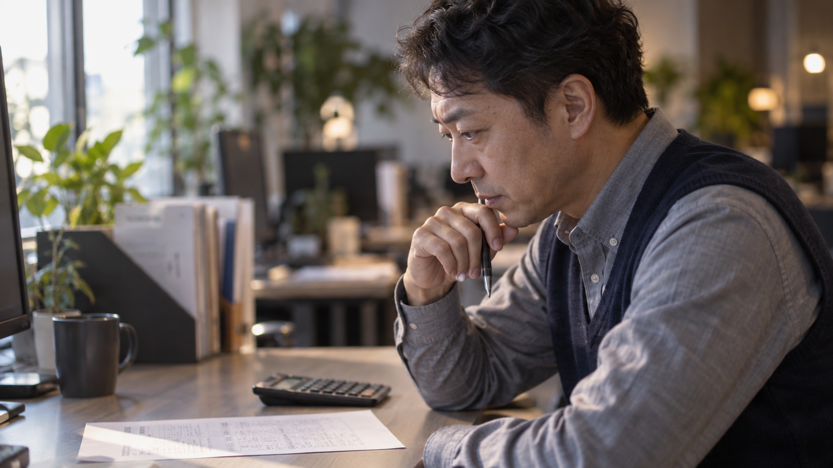 40代後半の日本人男性が見積書の照合をしている場面