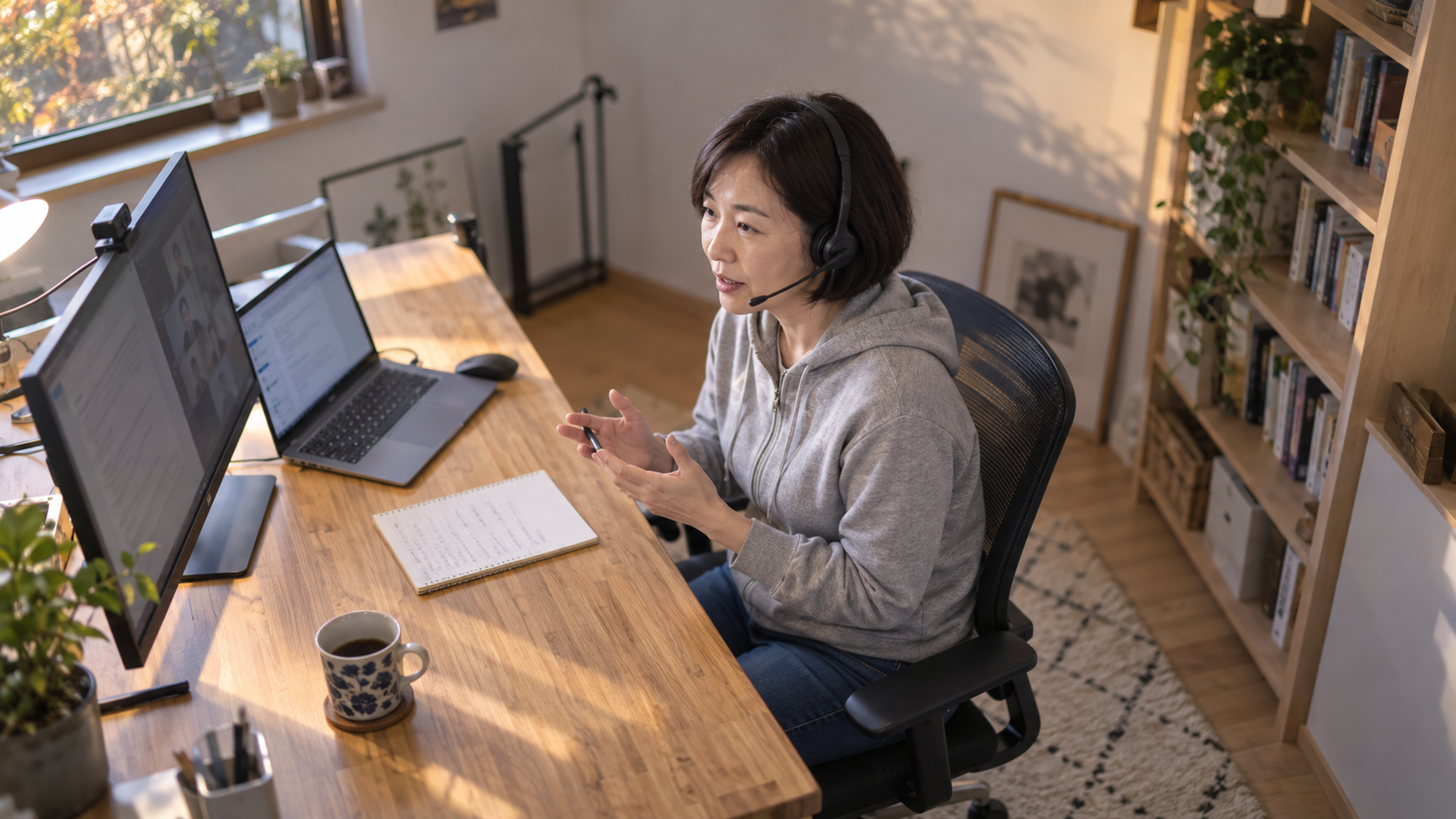 50代前半の日本人女性が在宅でのWeb会議をしている場面